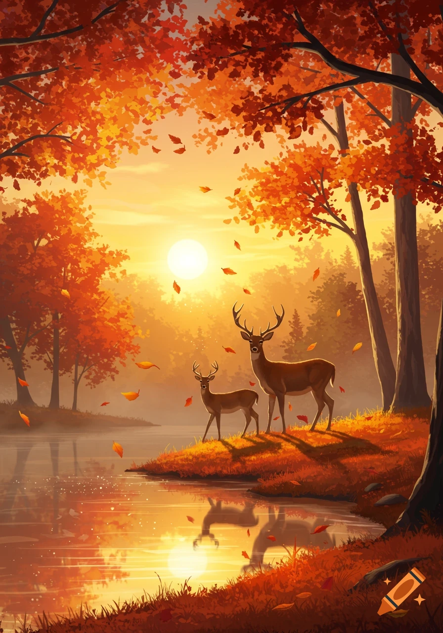 Two deer stand by a calm lake in an autumnal forest with vibrant orange trees and falling leaves under a golden sunset.