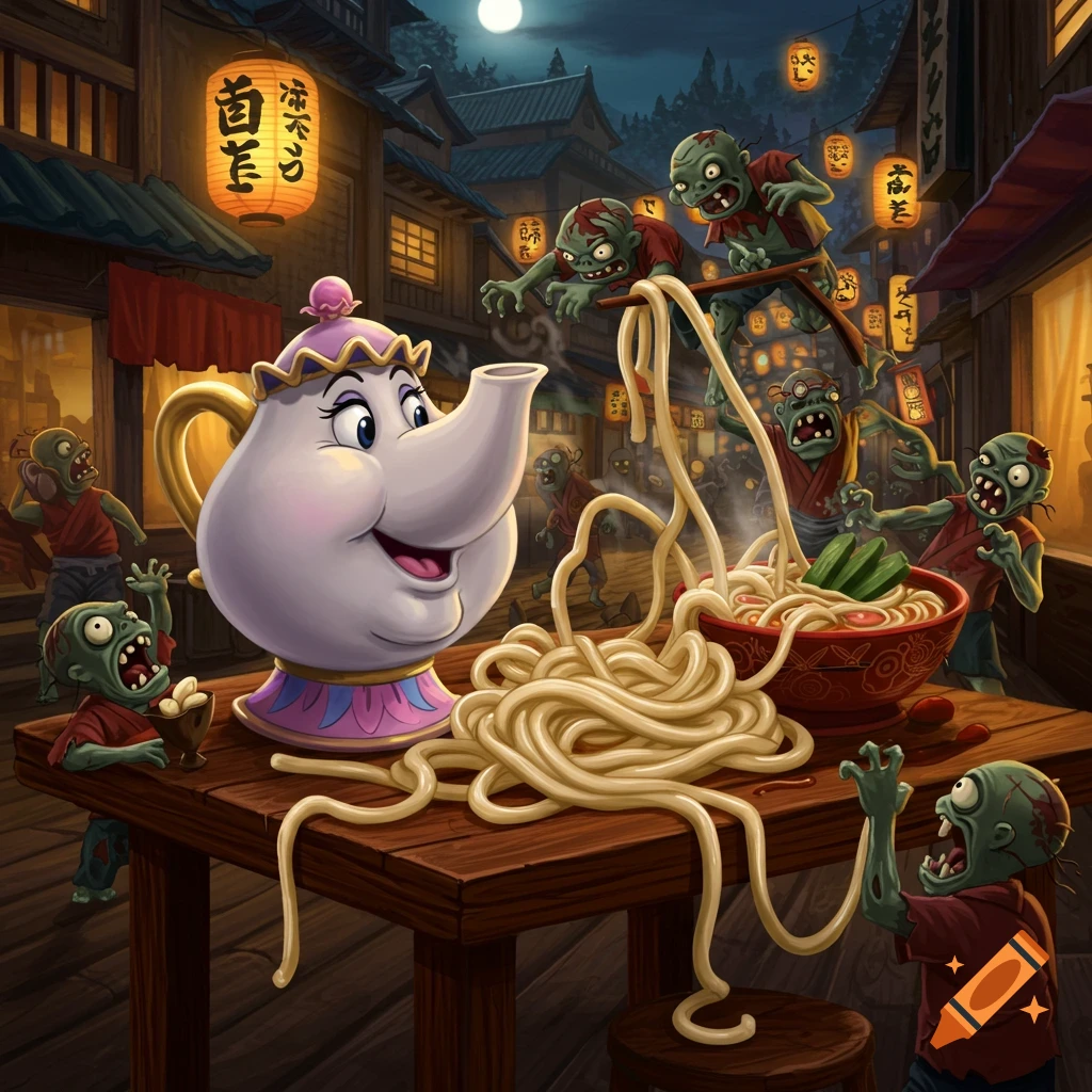 A cartoon illustration of Mrs. Potts on a table with ramen noodles, surrounded by green zombies in a Japanese street at night.