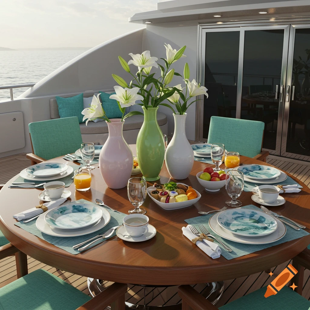 A beautifully set round dining table on a luxury super yacht deck at sunset, featuring white lilies in pastel vases, fruits, drinks, and elegant place settings.