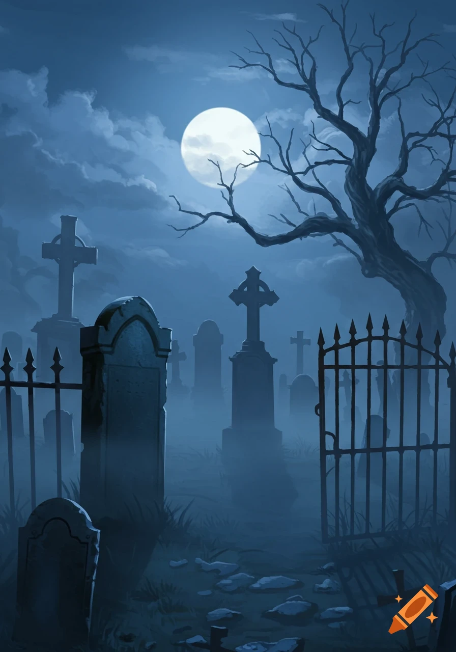 A stylized illustration of a foggy graveyard at night under a full moon, featuring gravestones and a bare, gnarled tree.
