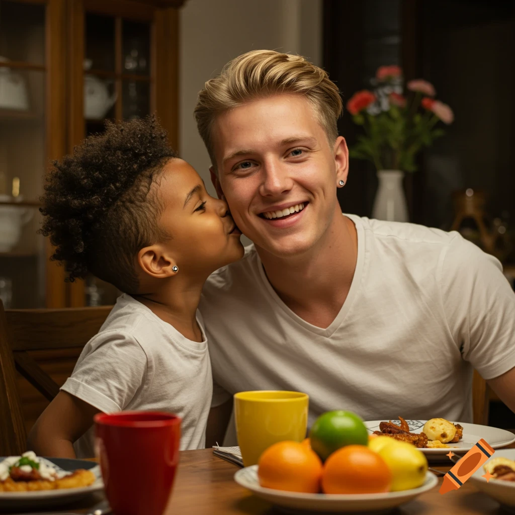 A young child with an afro buzzcut kisses a smiling blonde man on the cheek at a dining table filled with food and drinks.