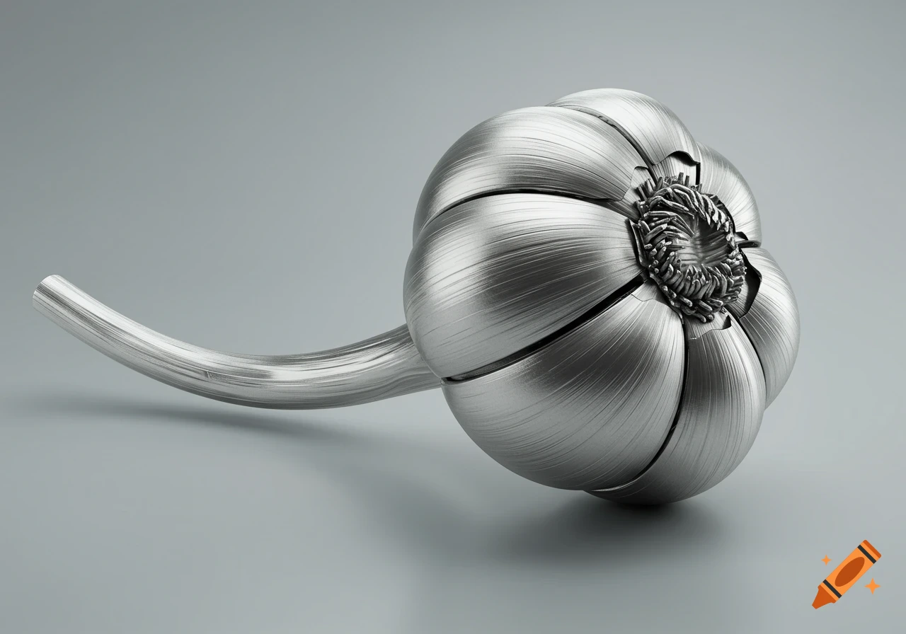 Photorealistic metallic garlic bulb with a curved stem on a grey background.
