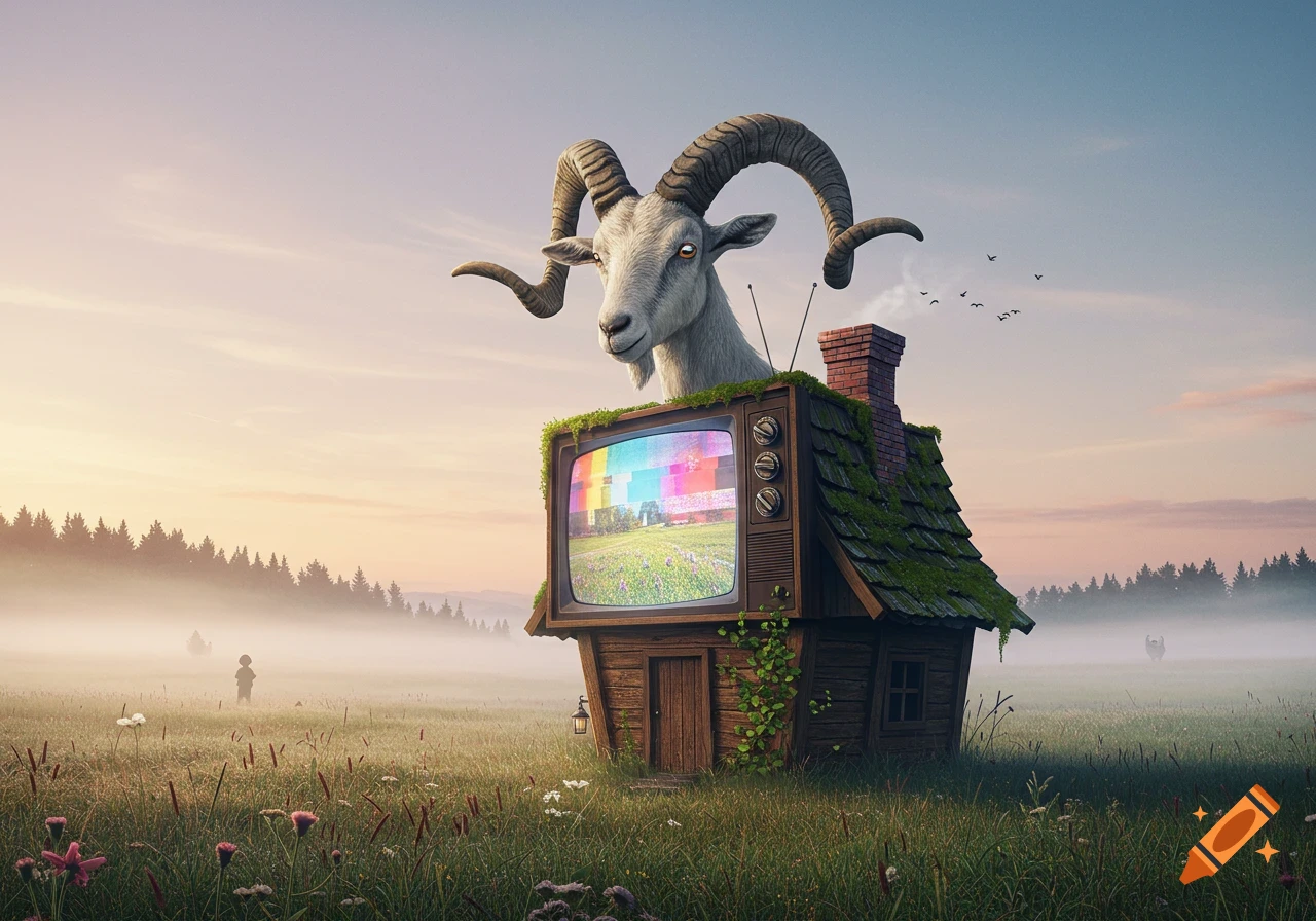 A photorealistic, surreal image of a goat's head emerging from a rustic house with a TV screen in a foggy, grassy field at sunrise.