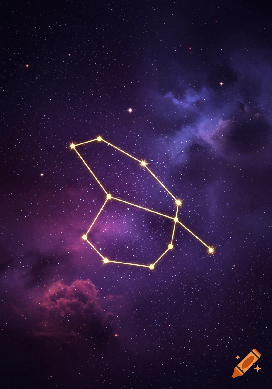 Golden lines depicting the Leo constellation against a vibrant purple and blue galaxy background with many stars.