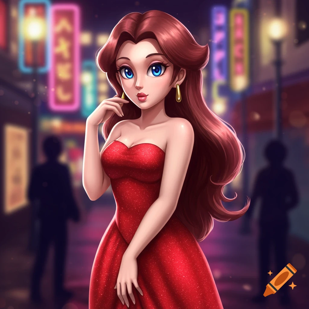 An anime-style woman with long red hair and blue eyes wears a shimmering red strapless dress, posing in a vibrant neon-lit city street at night.