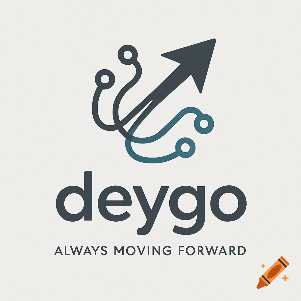 Modern minimalist logo for 'deygo: Always Moving Forward' with a stylized arrow and circuit lines in dark blue and teal.