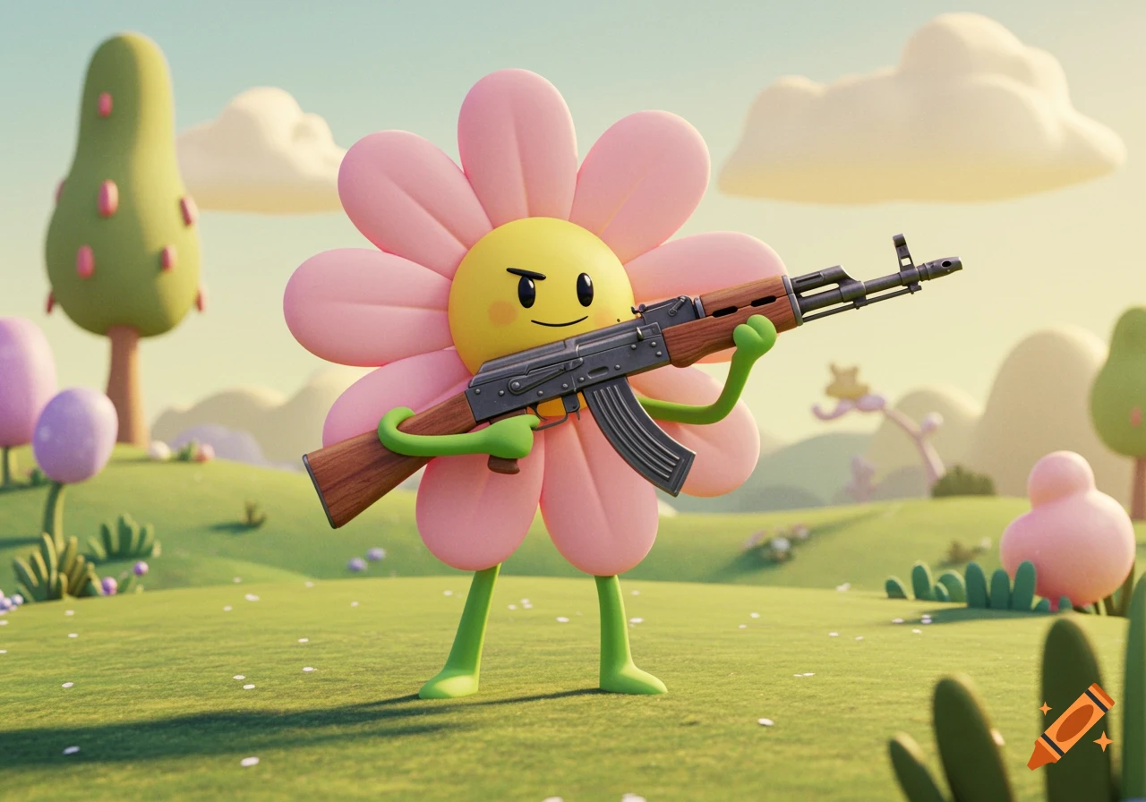 A pink cartoon flower character with a smiley face and green limbs holds a realistic AK-47 in a whimsical 3D rendered landscape.