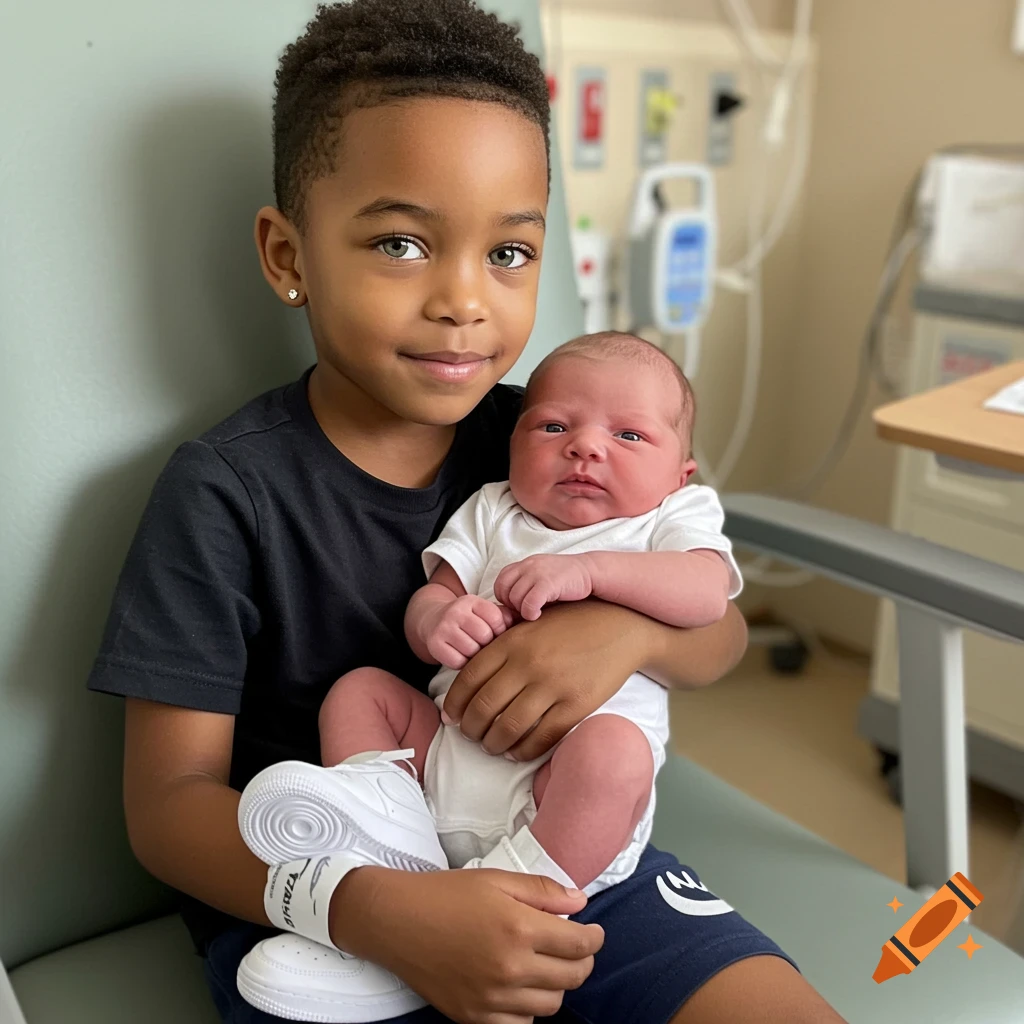 A young boy with an afro buzzcut and green eyes smiles while holding a newborn baby in a hospital chair. The boy wears a black t-shirt and white Nike Air Force 1s.