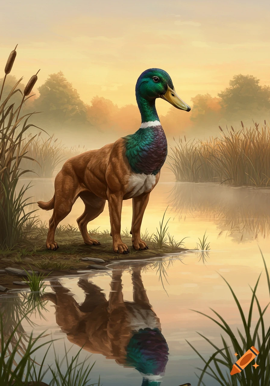 A dog with a mallard duck's head stands by a misty pond with reeds, reflecting in the water at sunrise.