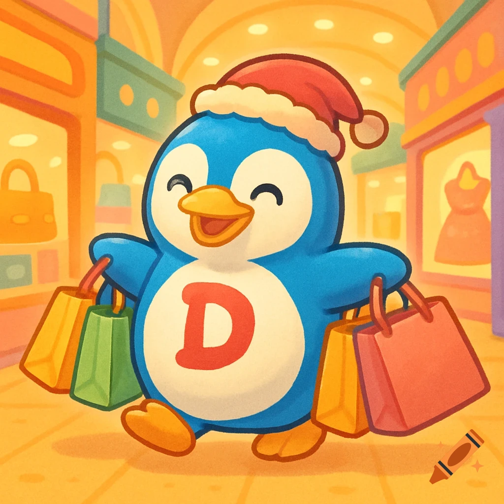 A cute blue penguin wearing a red Santa hat and a letter D on its belly, happily holding shopping bags in a colorful mall, in a cartoon style.