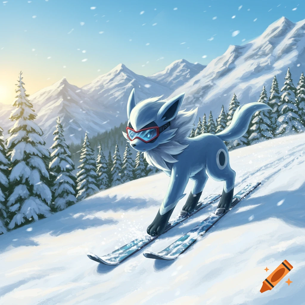 A light blue, fluffy, fox-like Pokemon wearing red goggles skis down a snowy mountain slope.