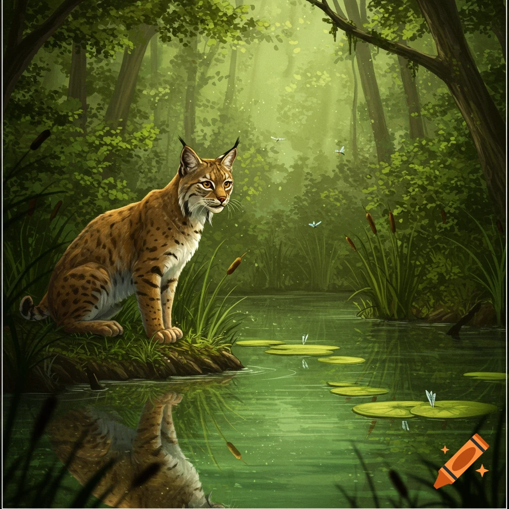 A realistic illustration of a bobcat sitting by a calm swamp pond in a lush, sunlit forest.
