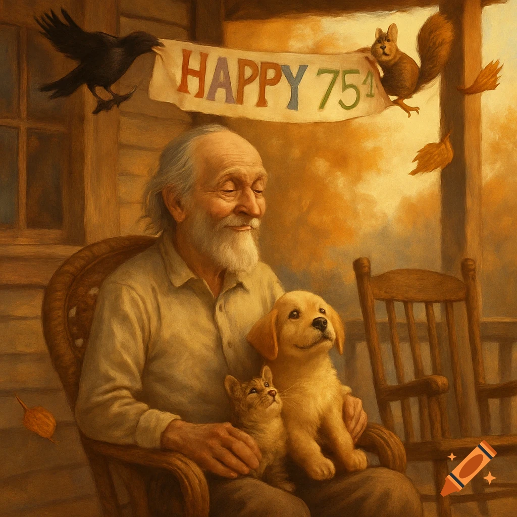 Bearded old man on a porch holds a puppy and kitten. A crow and squirrel hold a 'HAPPY 751' banner. Painterly style.