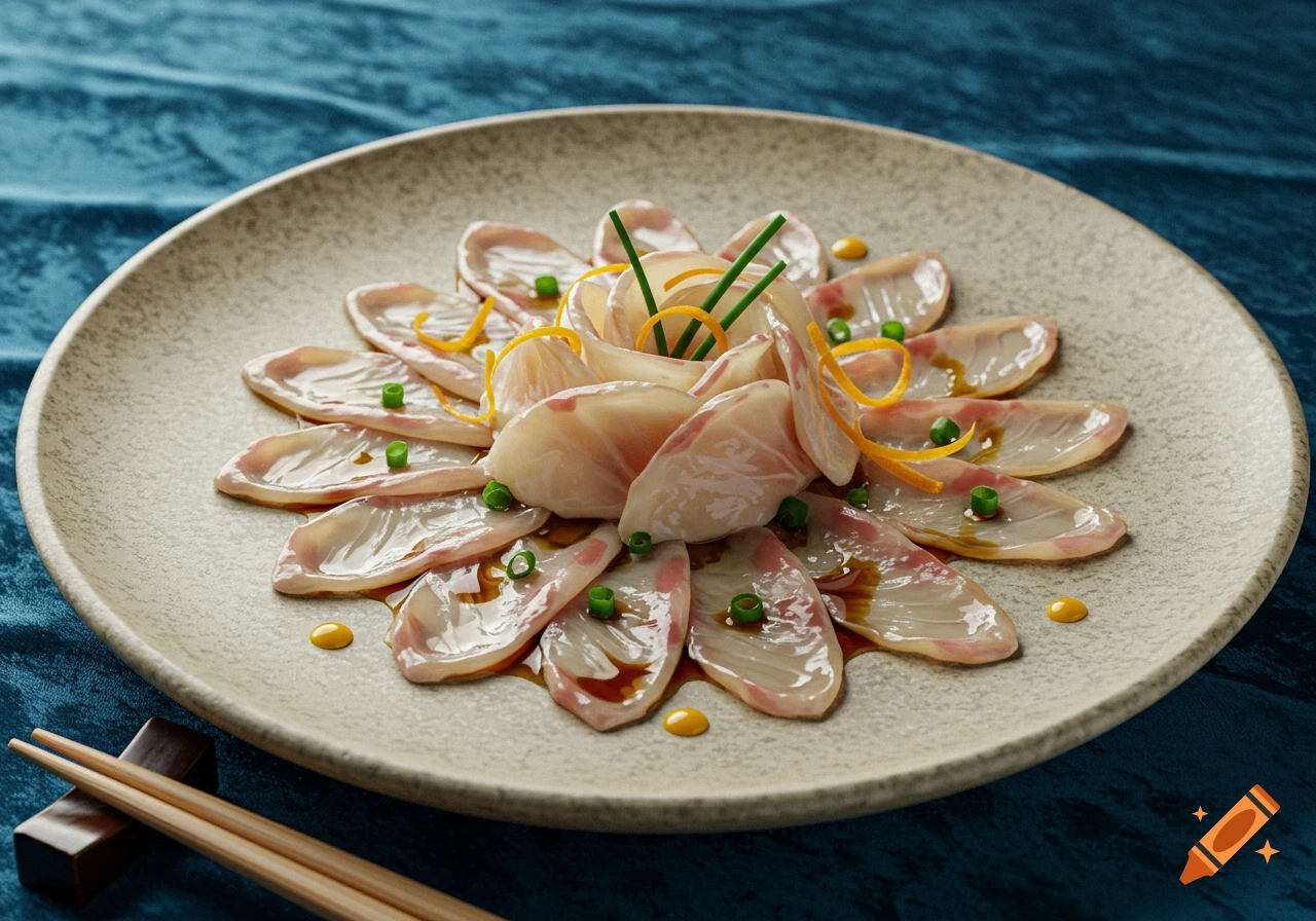 Thinly sliced raw fish carpaccio garnished with chives, orange zest, and sauce on a plate with chopsticks. Photorealistic.