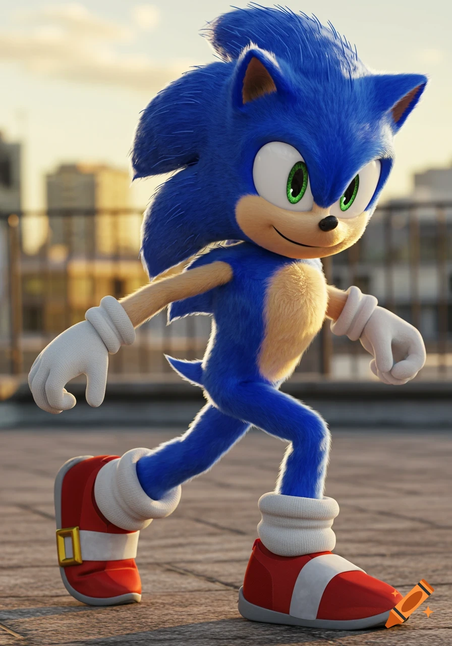 Photorealistic rendering of Sonic the Hedgehog running on a rooftop with a city skyline in the background.