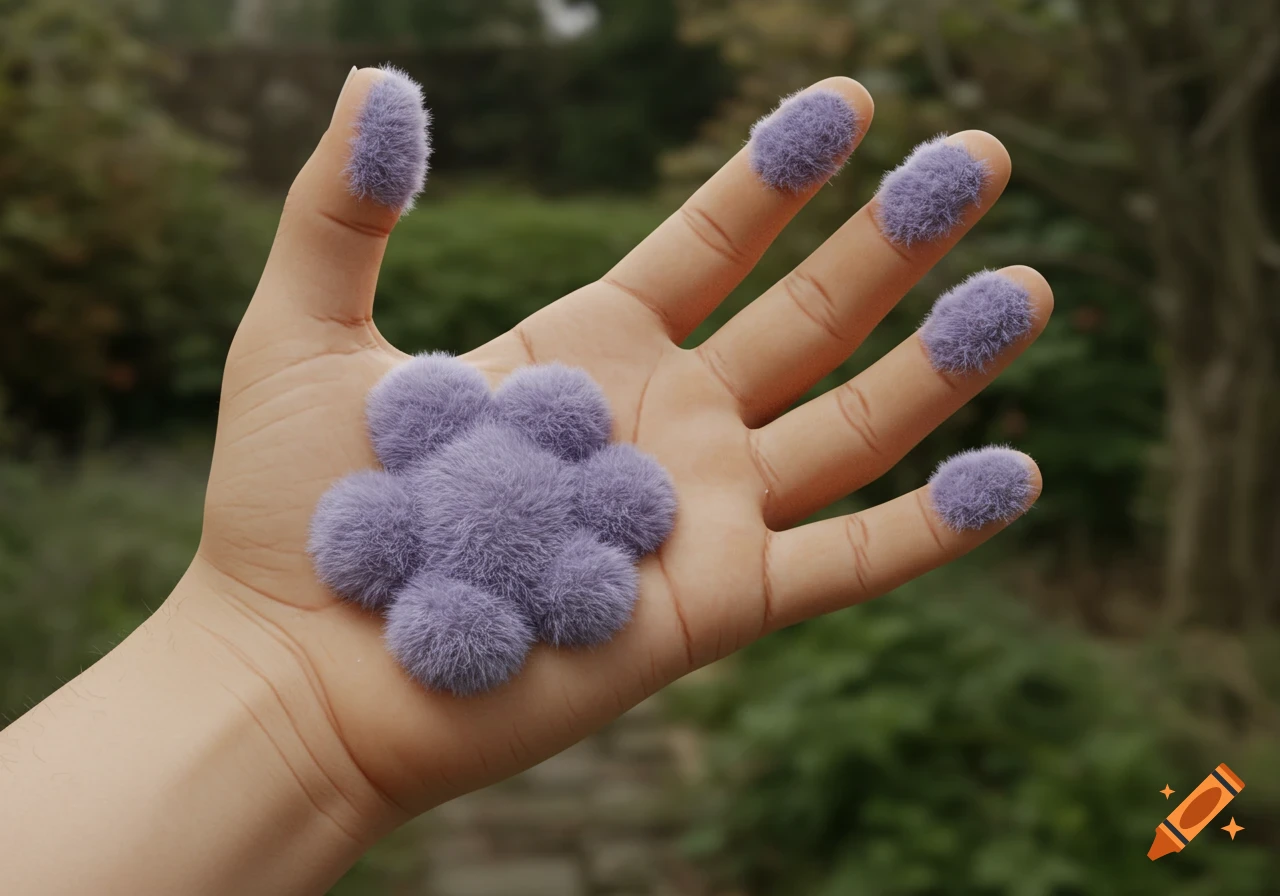 A human hand with purple furry paw pads on the fingertips and palm, against a blurred green background.