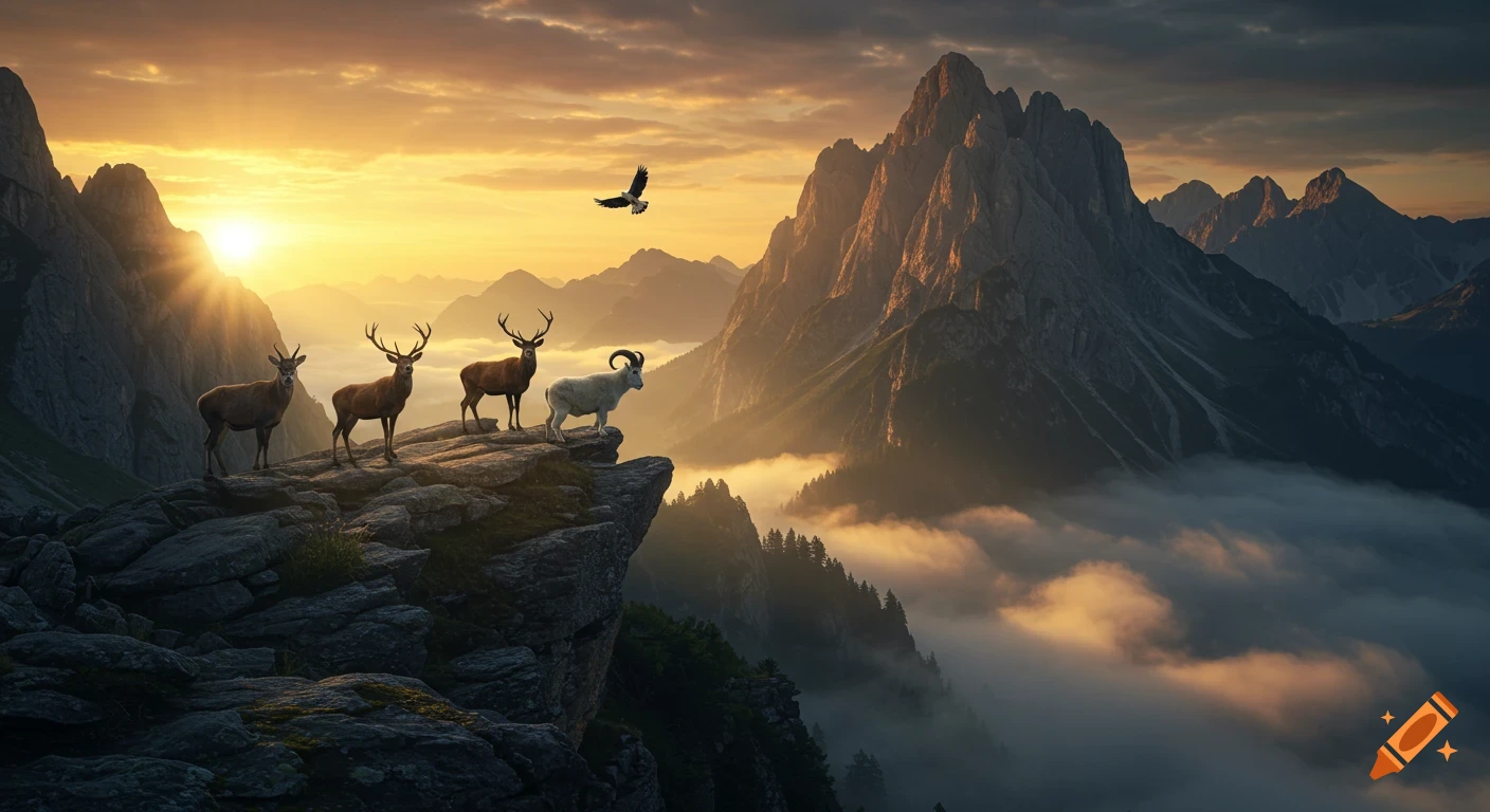 Photorealistic sunrise over a mountain range with deer and a bighorn sheep on a rocky peak, an eagle flying above golden mist.