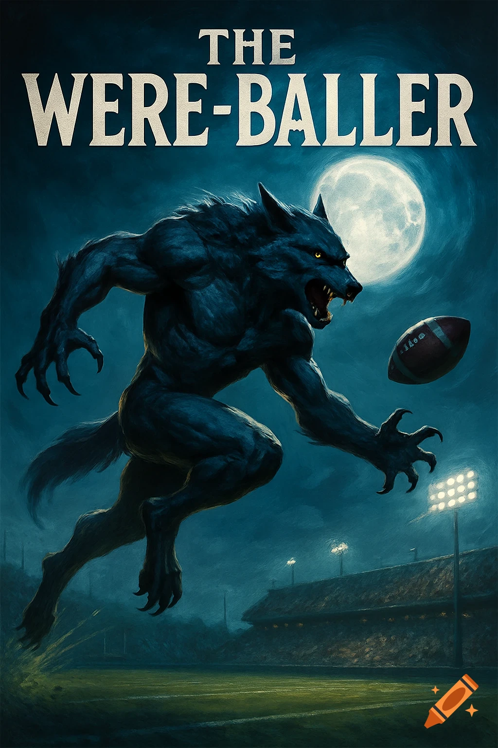 A dark blue illustration of a muscular werewolf running on a football field at night under a full moon. The title "THE WERE-BALLER" is at the top.