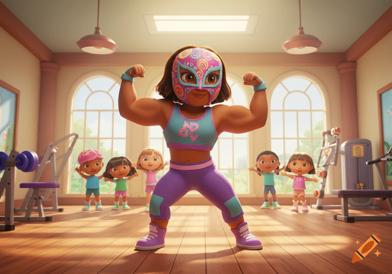 A muscular cartoon girl in a colorful lucha libre mask and workout clothes flexes in a gym, with other cartoon children smiling in the background.