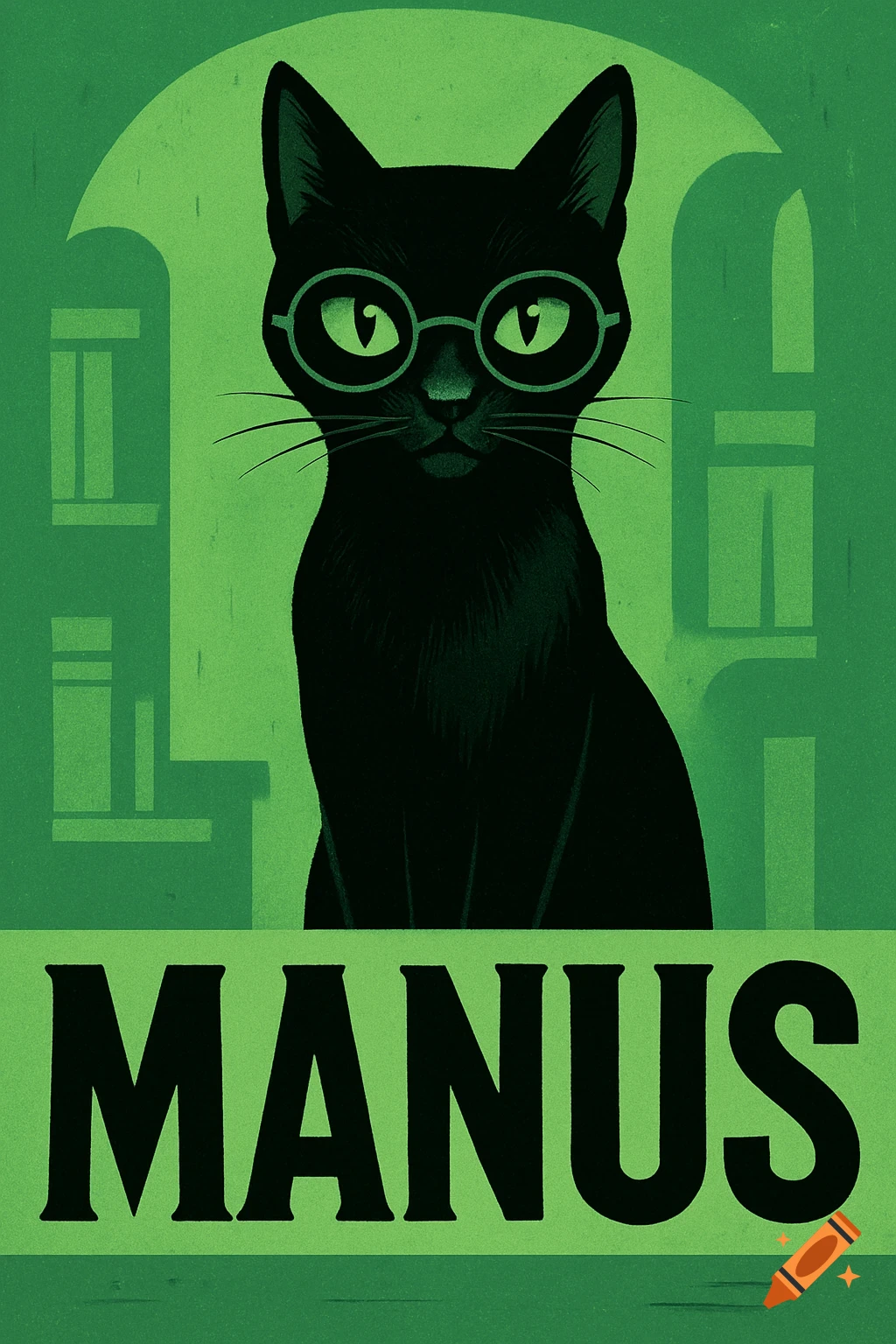 A stylized black cat with green eyes and round glasses looks forward, against a green background with abstract shapes. The word MANUS is at the bottom.