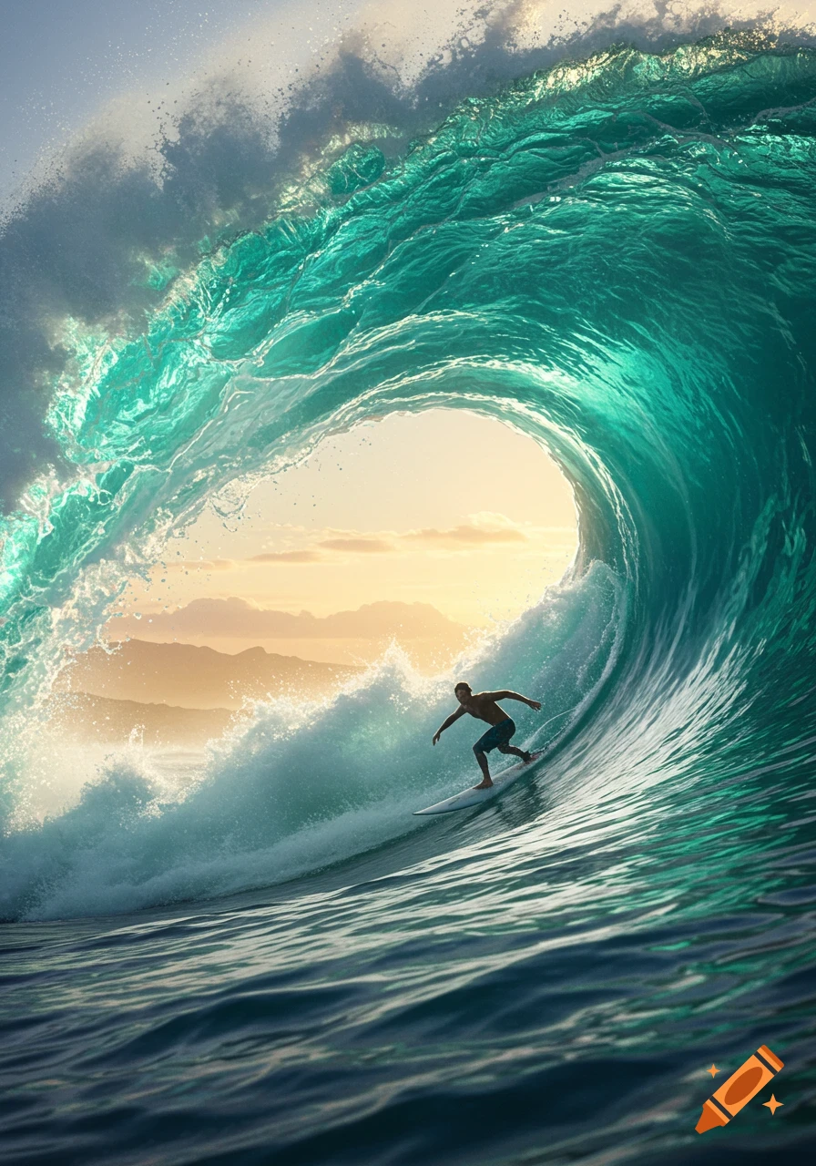 Photorealistic image of a man surfing inside a large, curling teal wave against a sunset sky with mountains.