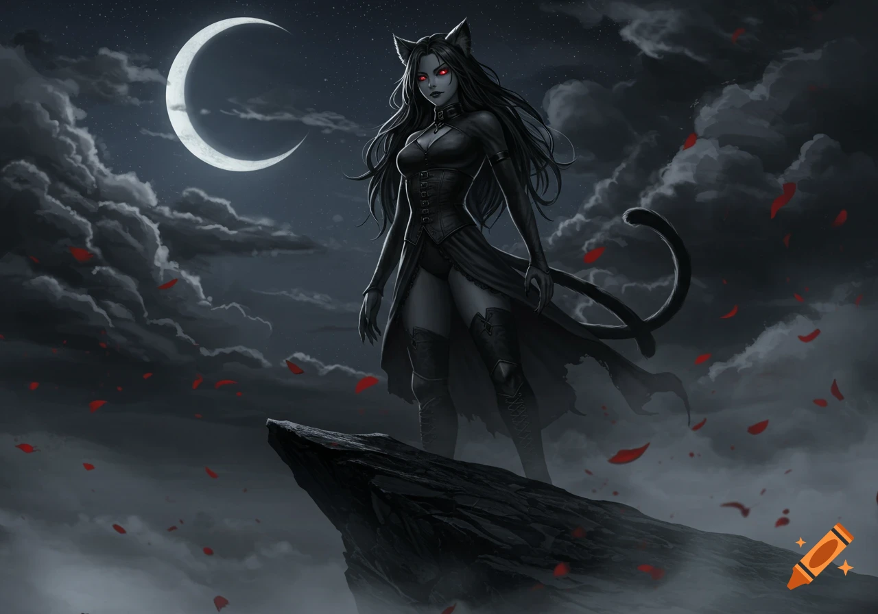 Dark fantasy illustration of a gothic cat-eared woman with glowing red eyes standing on a rock under a crescent moon with red petals.