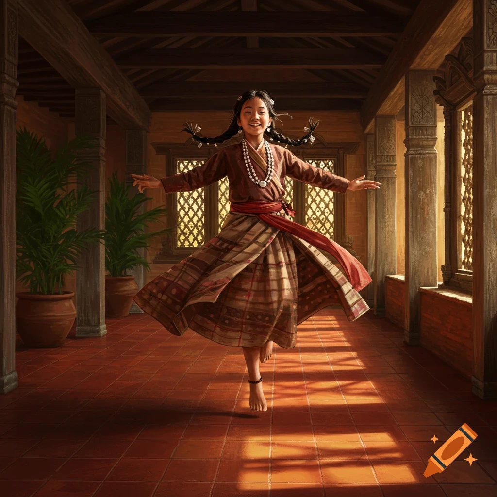 A young girl in a traditional brown and red flowing dress with a beaded necklace runs or dances barefoot in a hall with red tiled floors and wooden architecture.