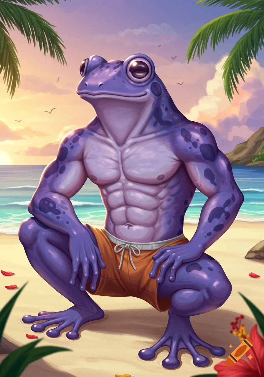 Muscular purple frog man in orange swim trunks squats on a sandy beach with palm trees at sunset.