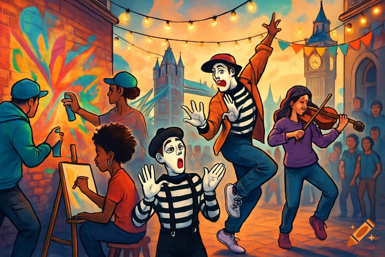 A vibrant street scene in London with various artists, including graffiti artists, a painter, mimes, and a violinist, with Big Ben and Tower Bridge in the background.