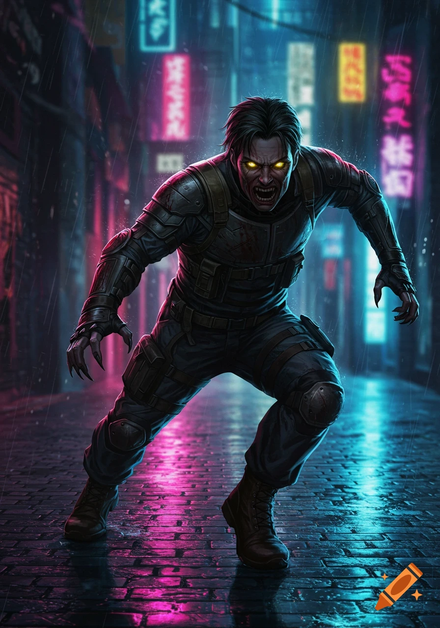 A monstrous man with glowing yellow eyes, sharp teeth, and claws lunges forward in a dark, rainy, neon-lit cyberpunk alley.