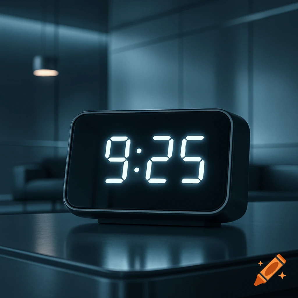 A black digital alarm clock displaying 9:25, resting on a reflective surface in a dimly lit, modern room.