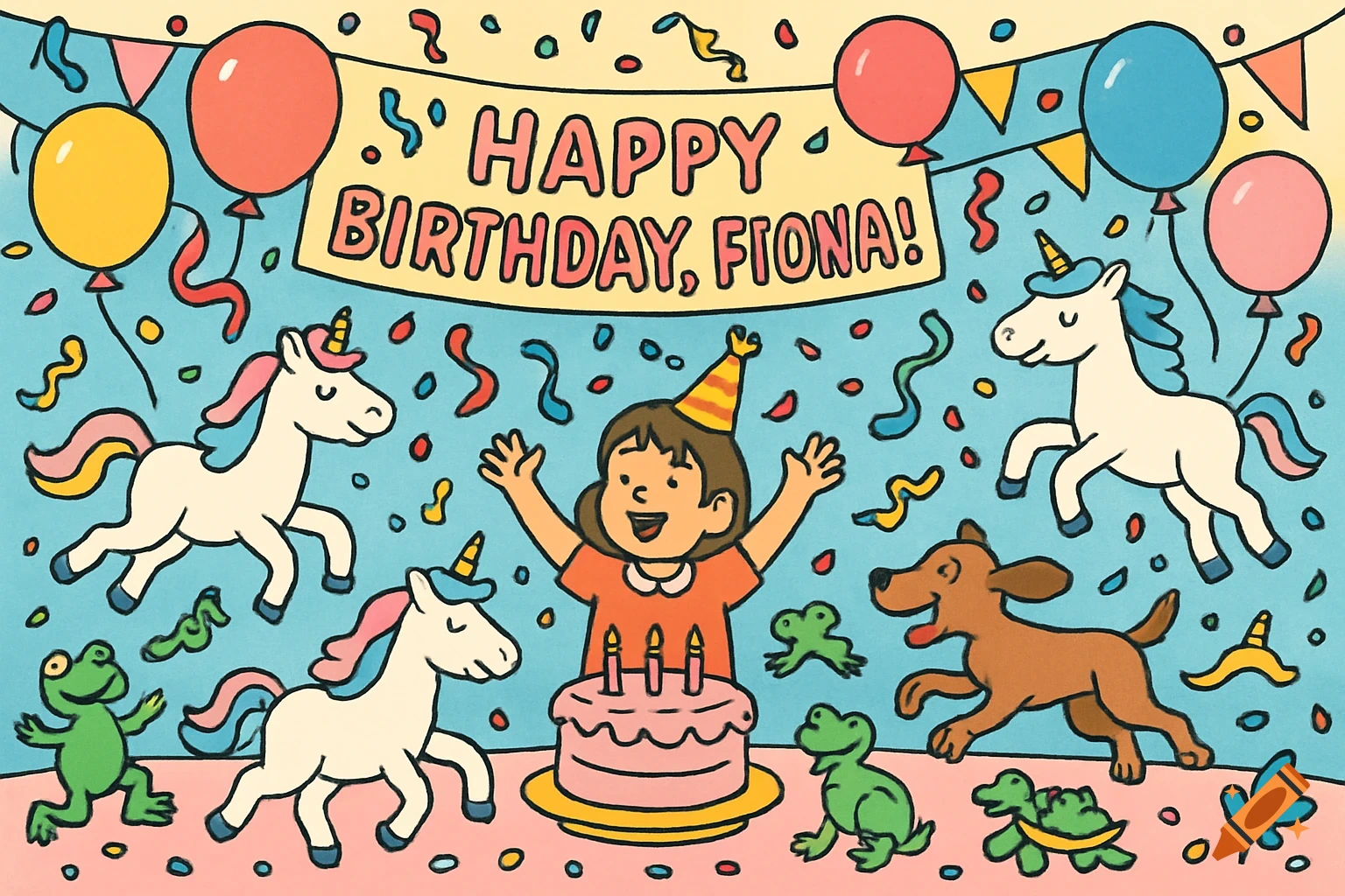 A colorful cartoon doodle of a girl's birthday party with unicorns, a dog, frogs, a cake, balloons, and a "Happy Birthday, Fiona!" banner.