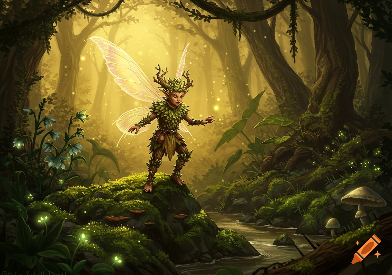 A small fairy druid with antlers and leaf clothing stands on a mossy rock in a magical, glowing forest.