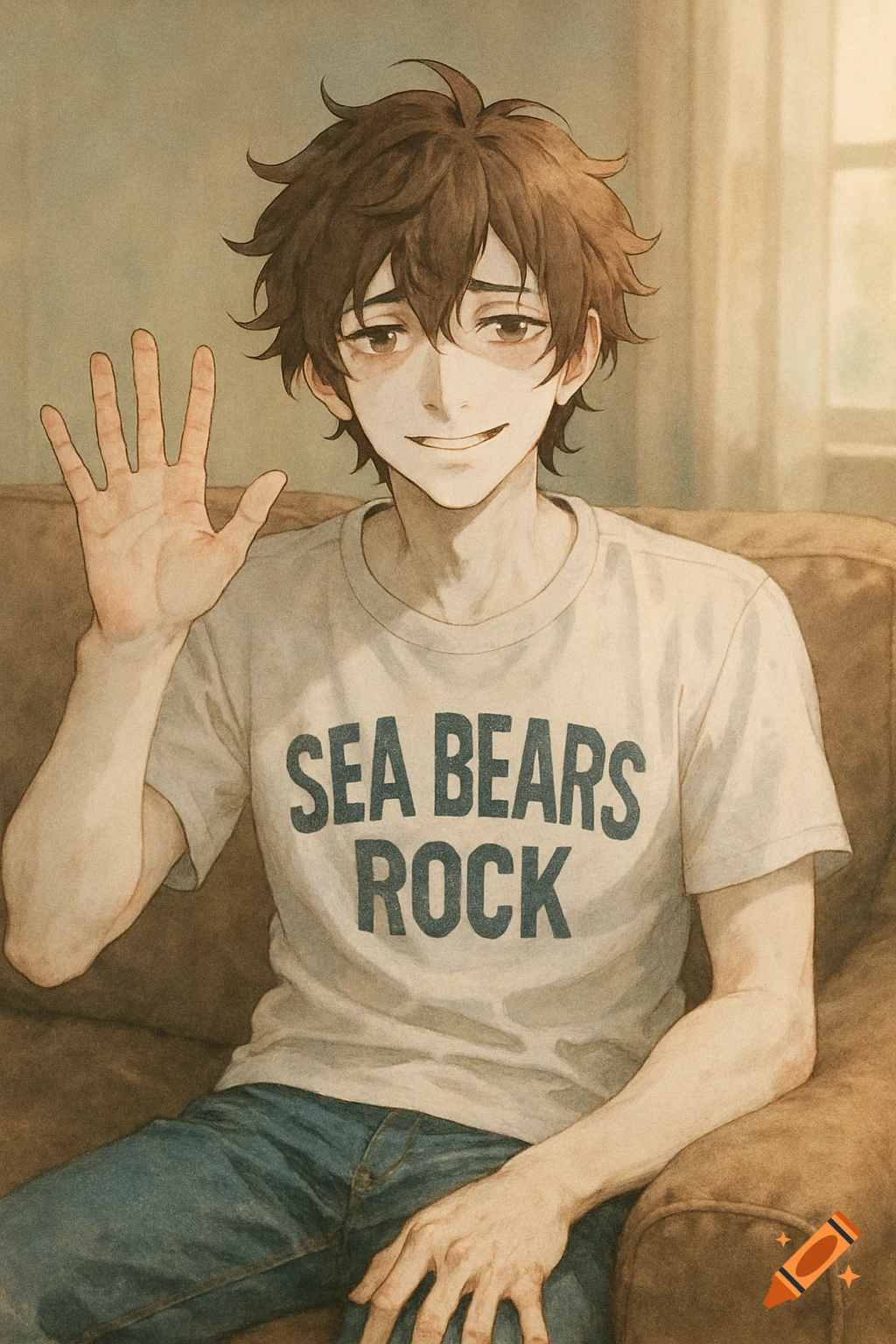 Anime-style male character with messy brown hair, dark circles under his eyes, wearing a white 'SEA BEARS ROCK' shirt and blue jeans, smiling and waving from a couch.