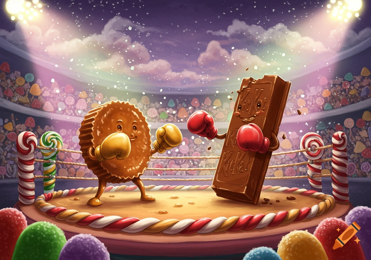A cartoon peanut butter cup and a Kit Kat bar with faces and boxing gloves fight in a candy-themed boxing ring.