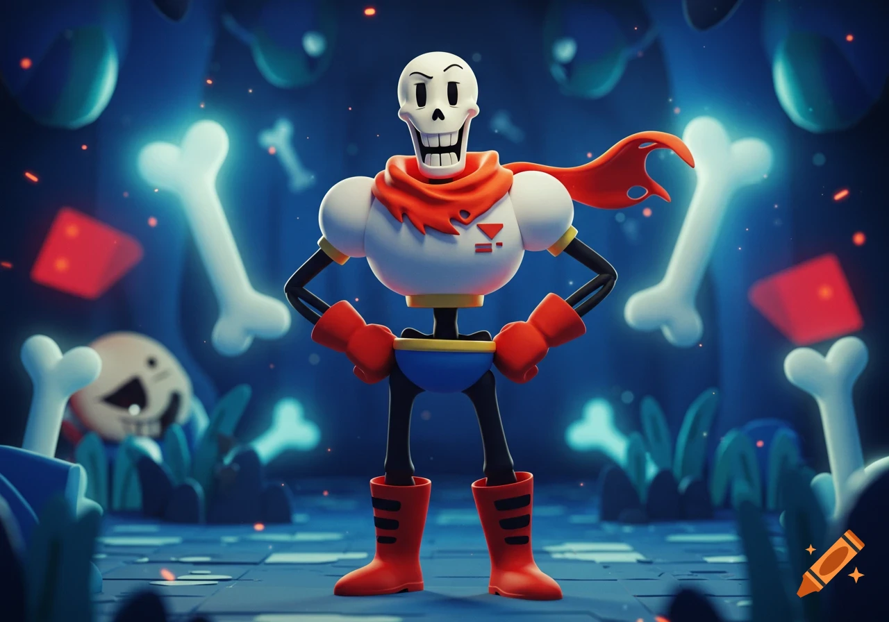 Stylized 3D rendering of Papyrus from Undertale, a grinning skeleton in white armor, red scarf, and boots, standing with hands on hips against a blue background with glowing bones and a face of Sans.