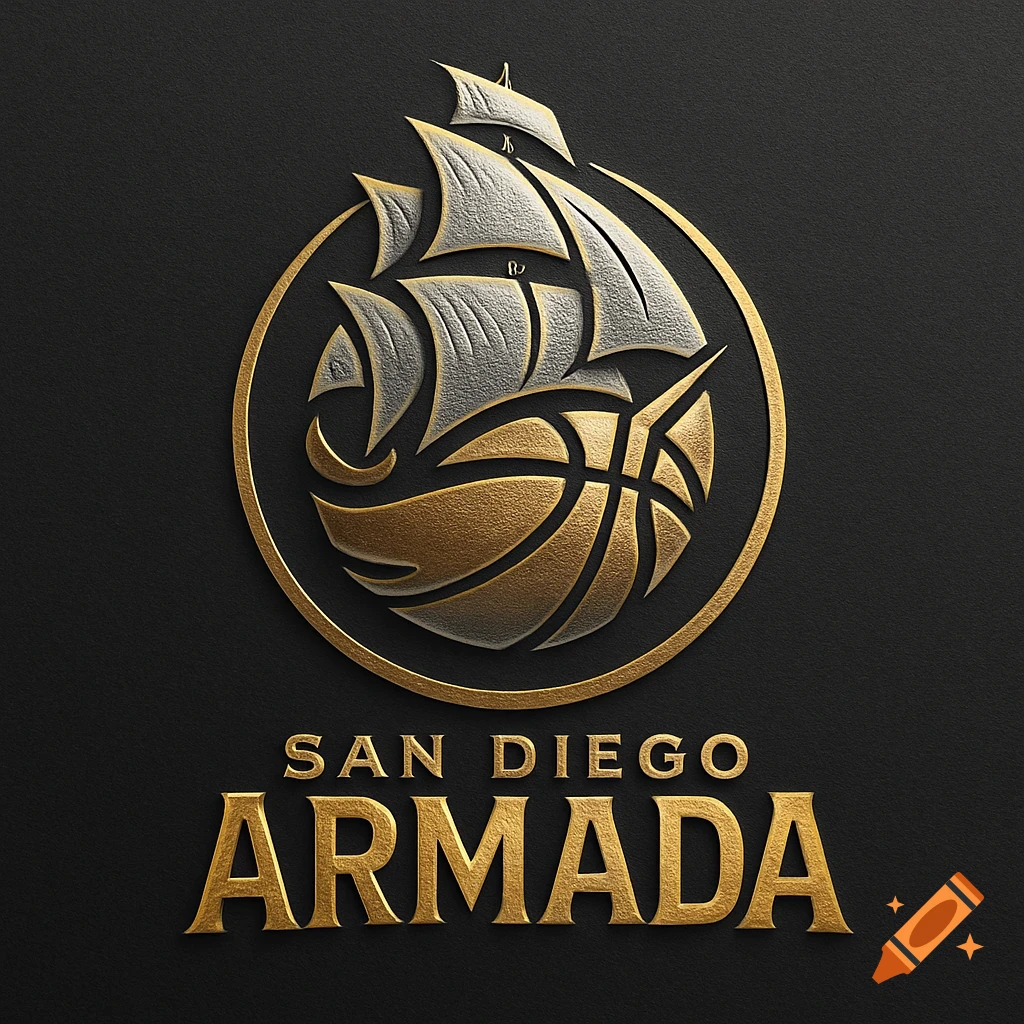 Gold and silver embossed logo for San Diego Armada basketball team, featuring a sailing ship and basketball within a circle on a dark background.
