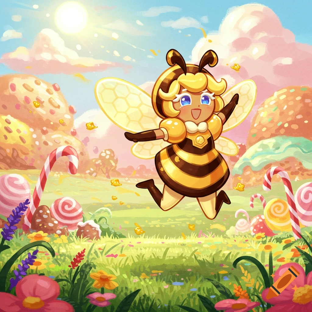 A cute cartoon bee-girl character with honeycomb wings jumps in a colorful fantasy landscape made of candy and desserts, under a bright sun.