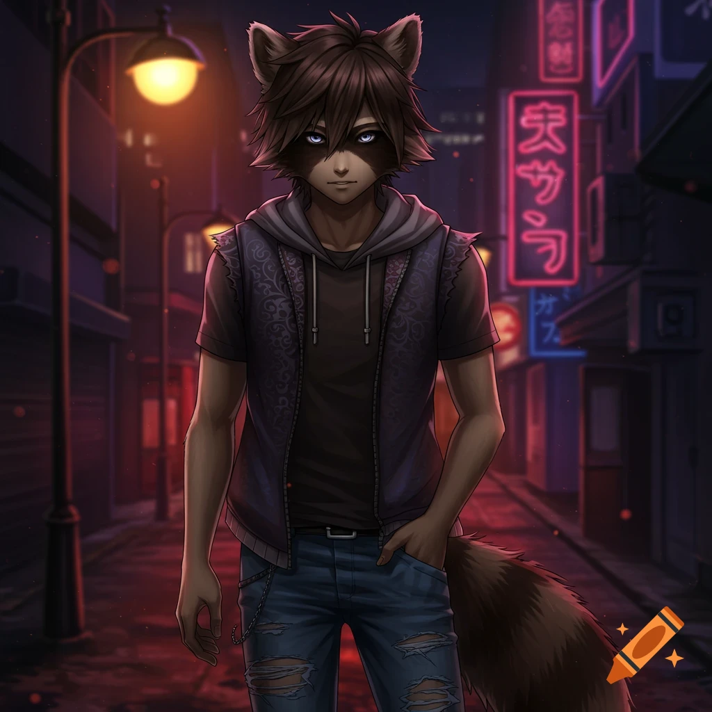 Anime-style raccoon kemonomimi boy with dark hair and grey eyes, wearing a hoodie and ripped jeans, stands on a neon-lit city street at night.