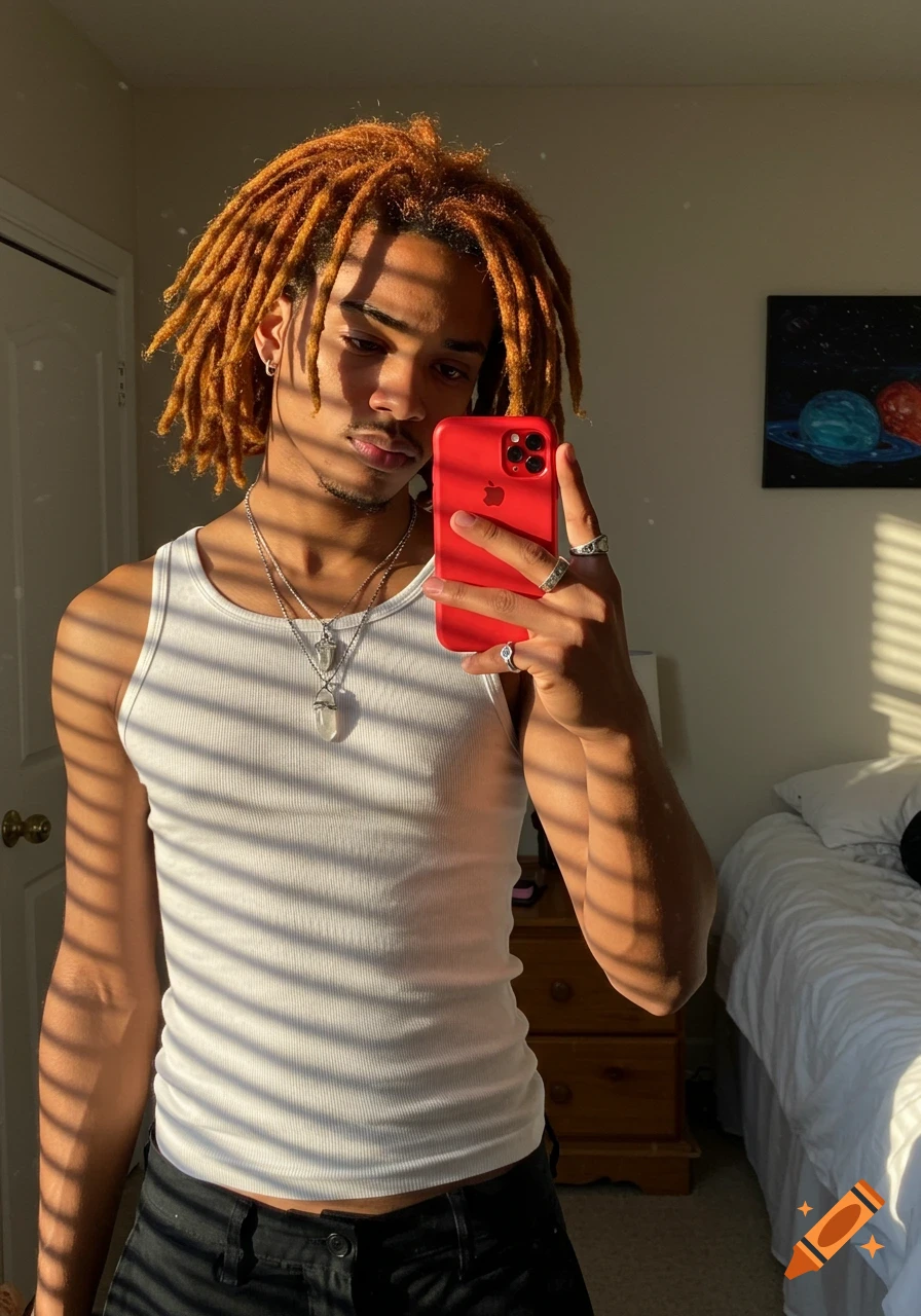 A young man with orange dreadlocks takes a mirror selfie in a sunlit bedroom, wearing a white tank top and necklaces.