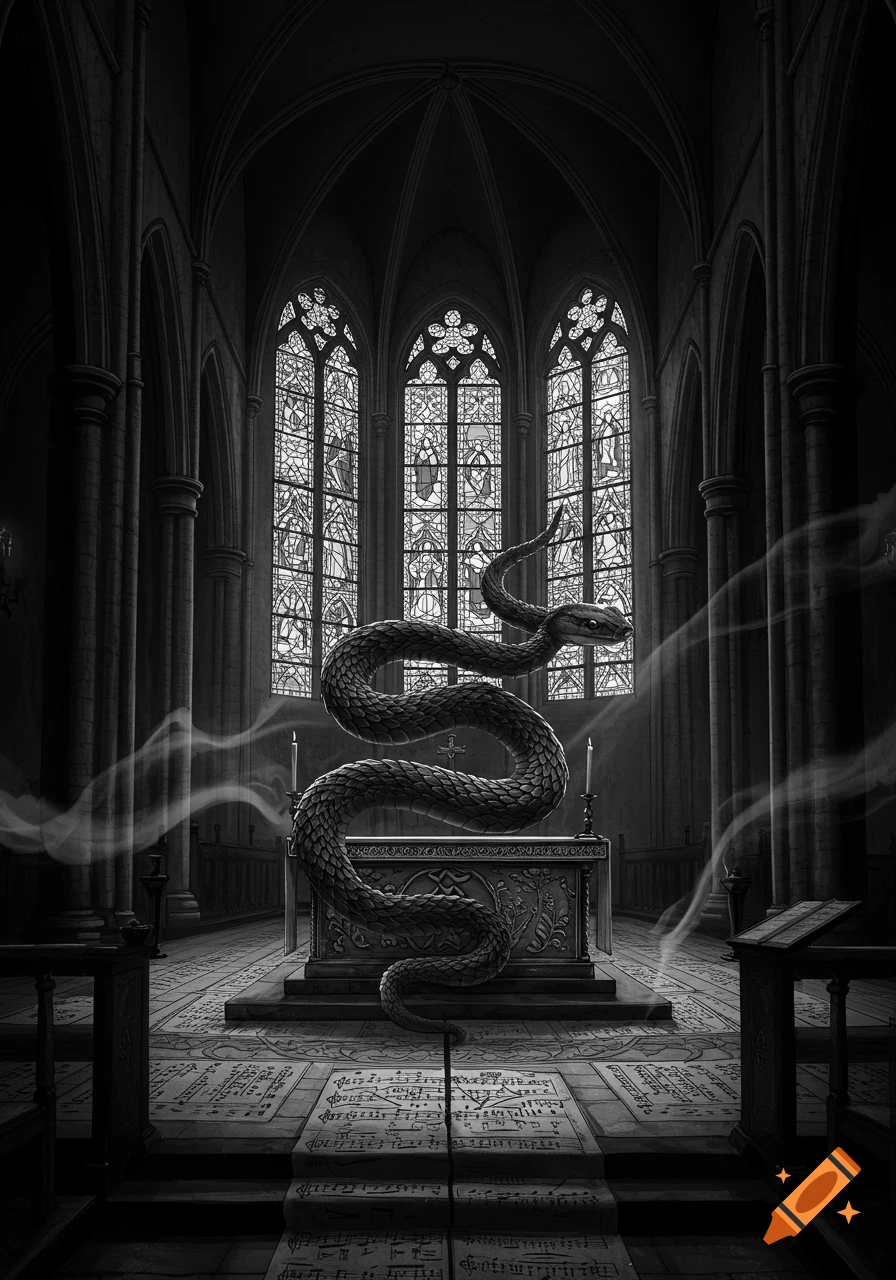 A large snake coiled around an altar in a gothic black and white church with intricate stained glass windows.