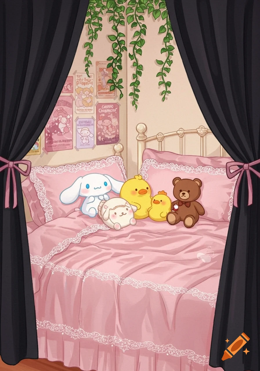 A cartoon bedroom with a pink bed, black curtains, and posters. Plush toys including Cinnamoroll, two chicks, a sheep, and a teddy bear are on the bed.