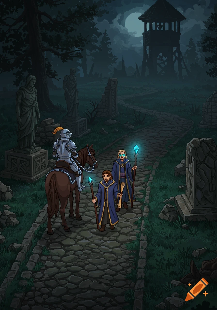 A pixel art scene of a knight on horseback and two wizards with glowing staffs walking on a path through ruins at night.