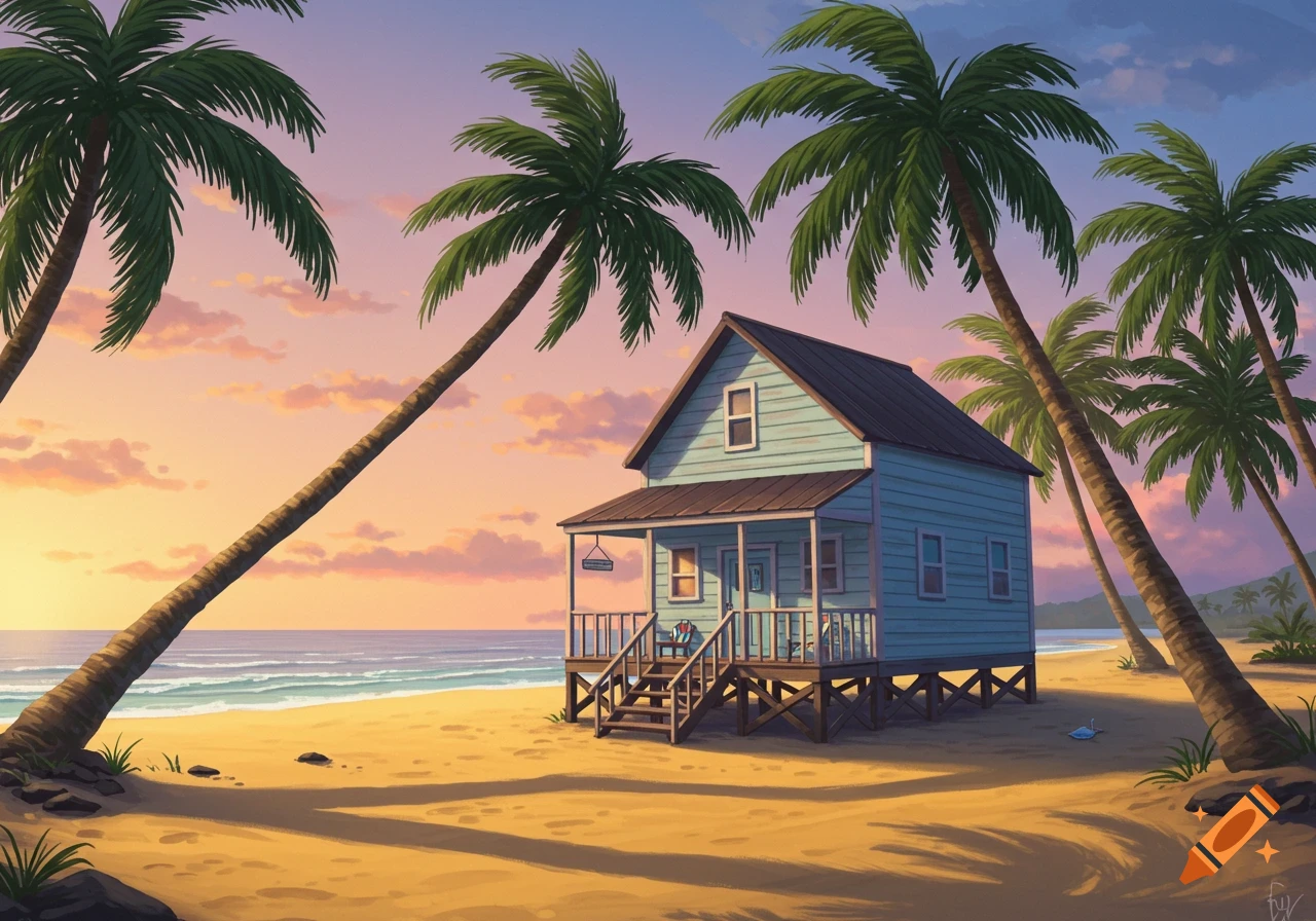 Illustrated quaint blue beach house on a sandy shore at sunset, with leaning palm trees and ocean waves.