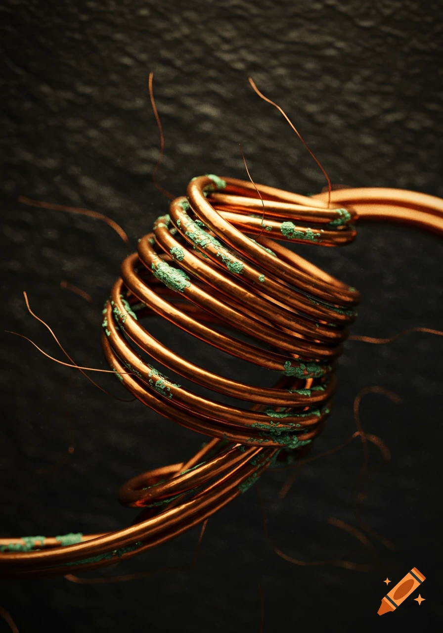 A close-up, dramatic shot of coiled copper wire with green patina against a dark, textured background.