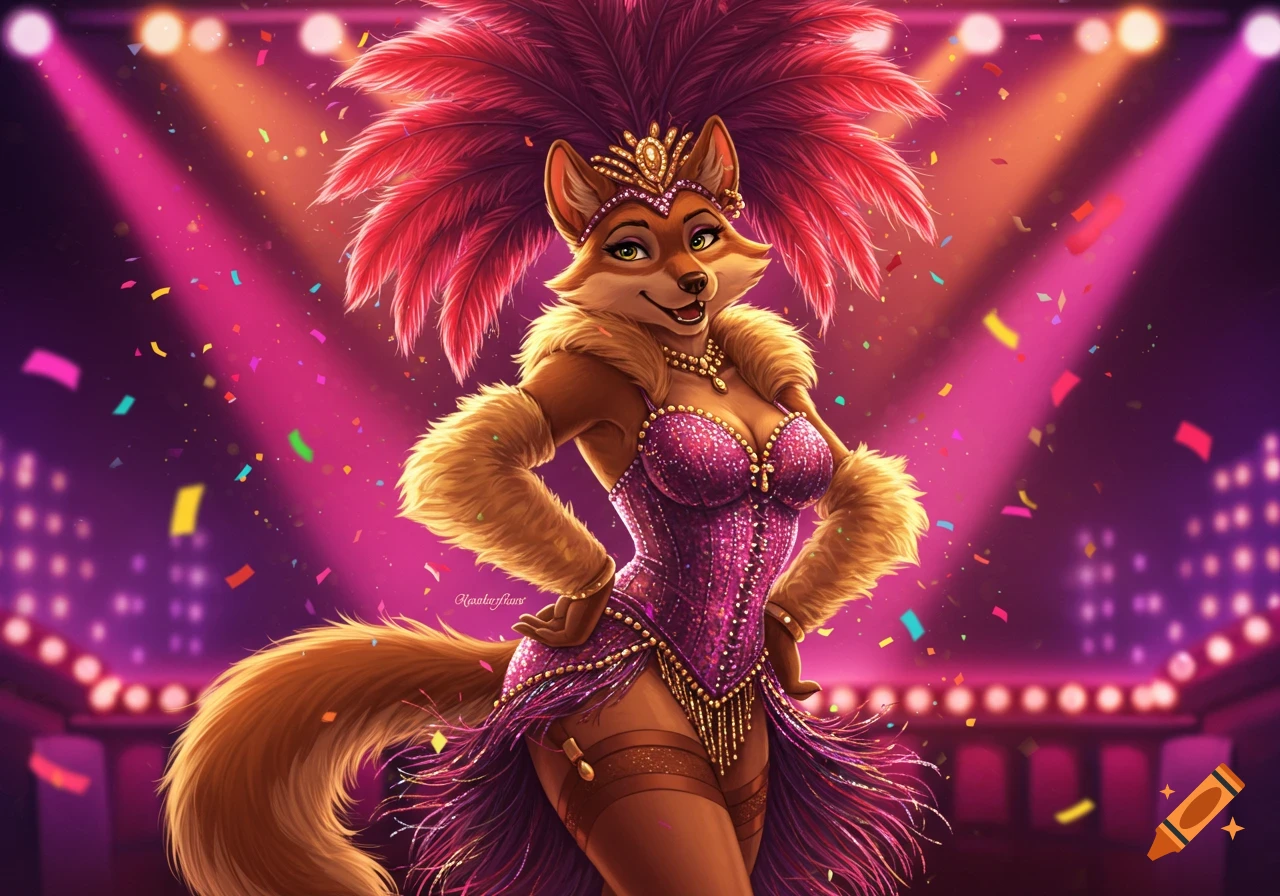 An anthropomorphic female fox/wolf showgirl in a sparkling purple corset, feathered headdress, and fur shrug, posing on a stage with confetti.