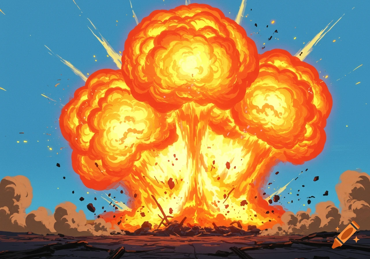 A large, cartoon-style orange and yellow explosion with a mushroom cloud and flying debris against a clear blue sky.