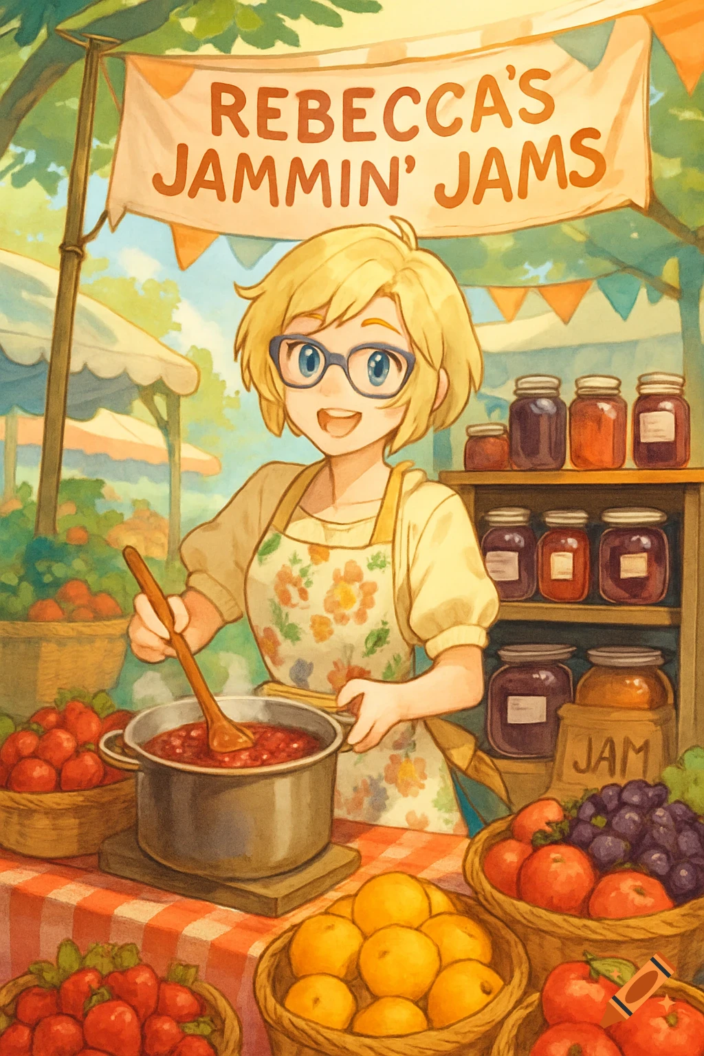 Anime art of a blonde woman in glasses and apron making jam at a market stall with fruits and jars.