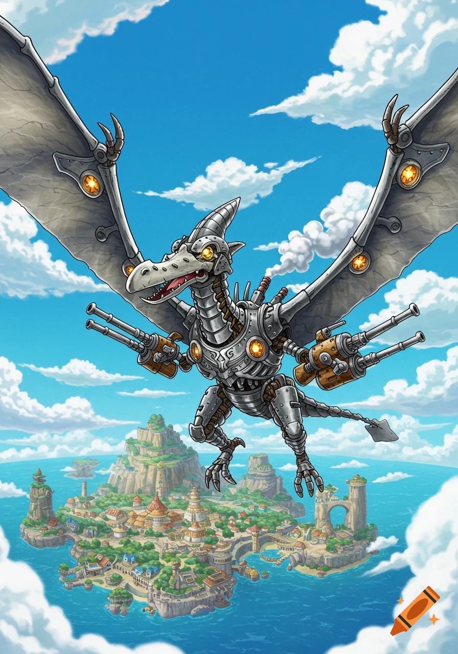 A steampunk-style mechanical pterodactyl with mounted guns flies over a lush island city under a bright blue sky.