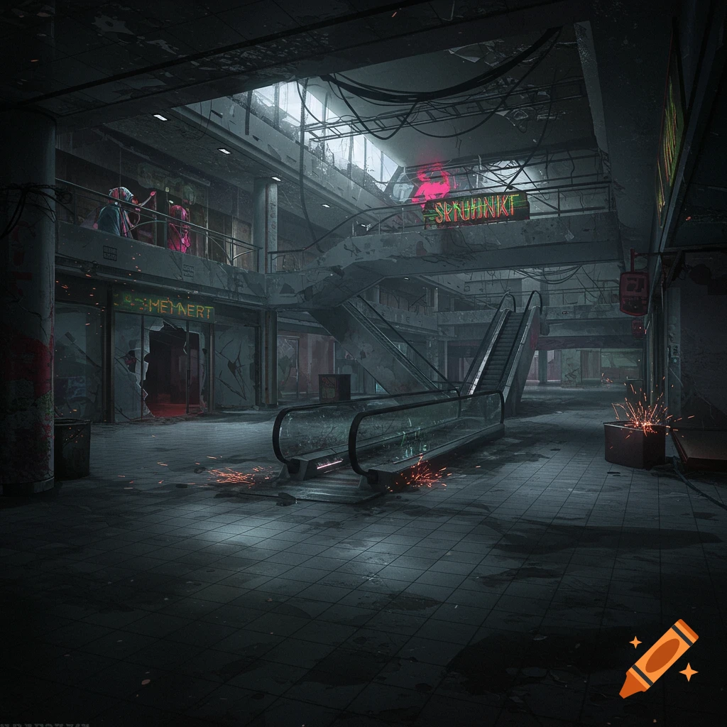 A dark, eerie, and abandoned shopping mall with broken escalators, shattered shop windows, and debris on the floor, lit by faint daylight from above and glowing neon signs. Sparks fly from machinery on the right.